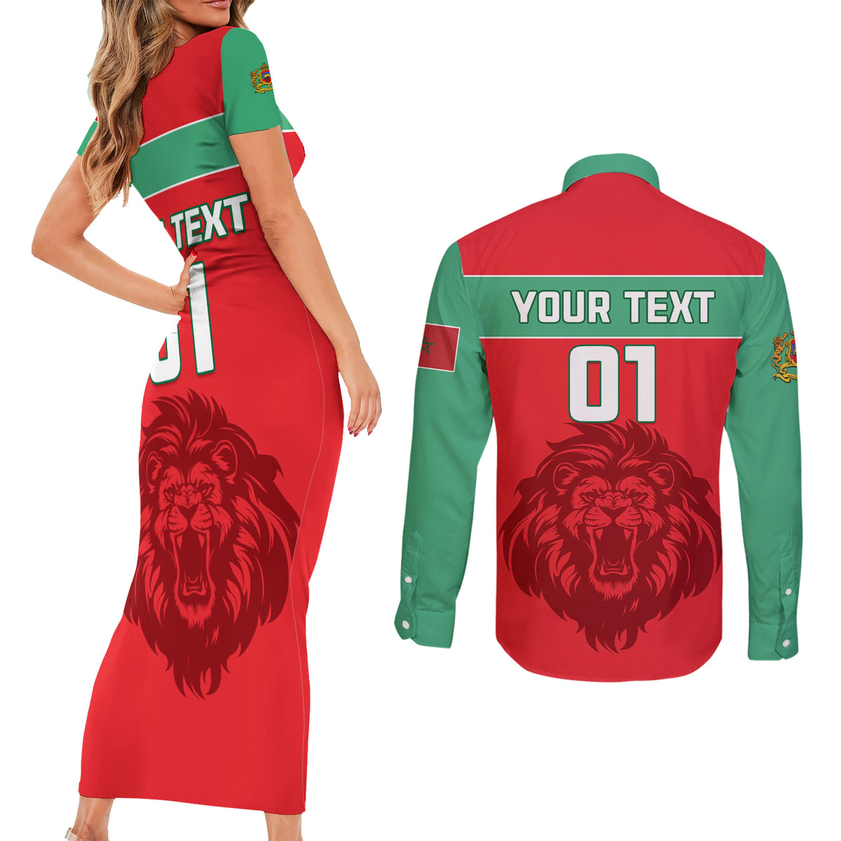 Morocco Football Couples Matching Short Sleeve Bodycon Dress and Long Sleeve Button Shirt Go The Atlas Lions - Wonder Print Shop