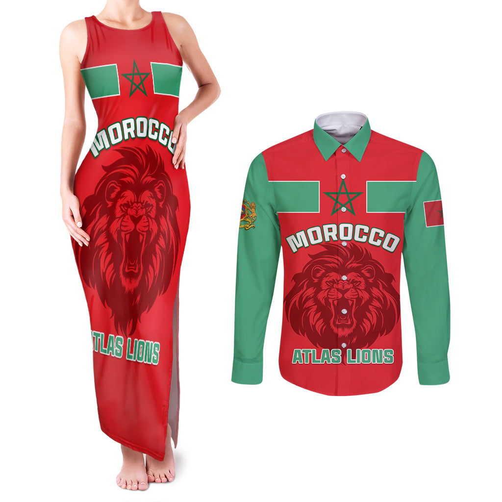 Morocco Football Couples Matching Tank Maxi Dress and Long Sleeve Button Shirt Go The Atlas Lions - Wonder Print Shop