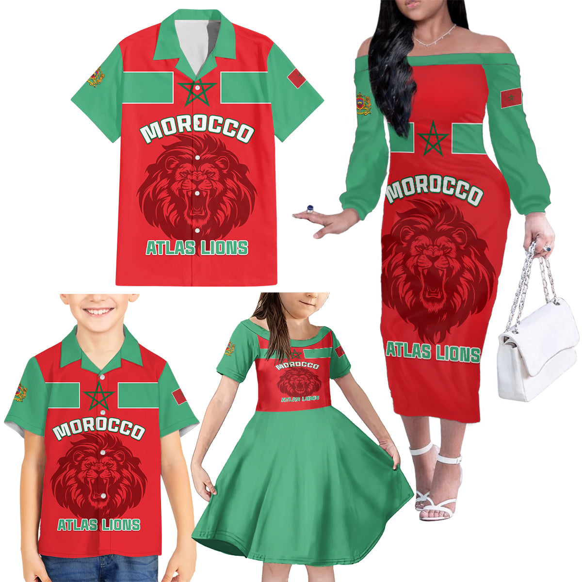 Morocco Football Family Matching Off Shoulder Long Sleeve Dress and Hawaiian Shirt Go The Atlas Lions - Wonder Print Shop
