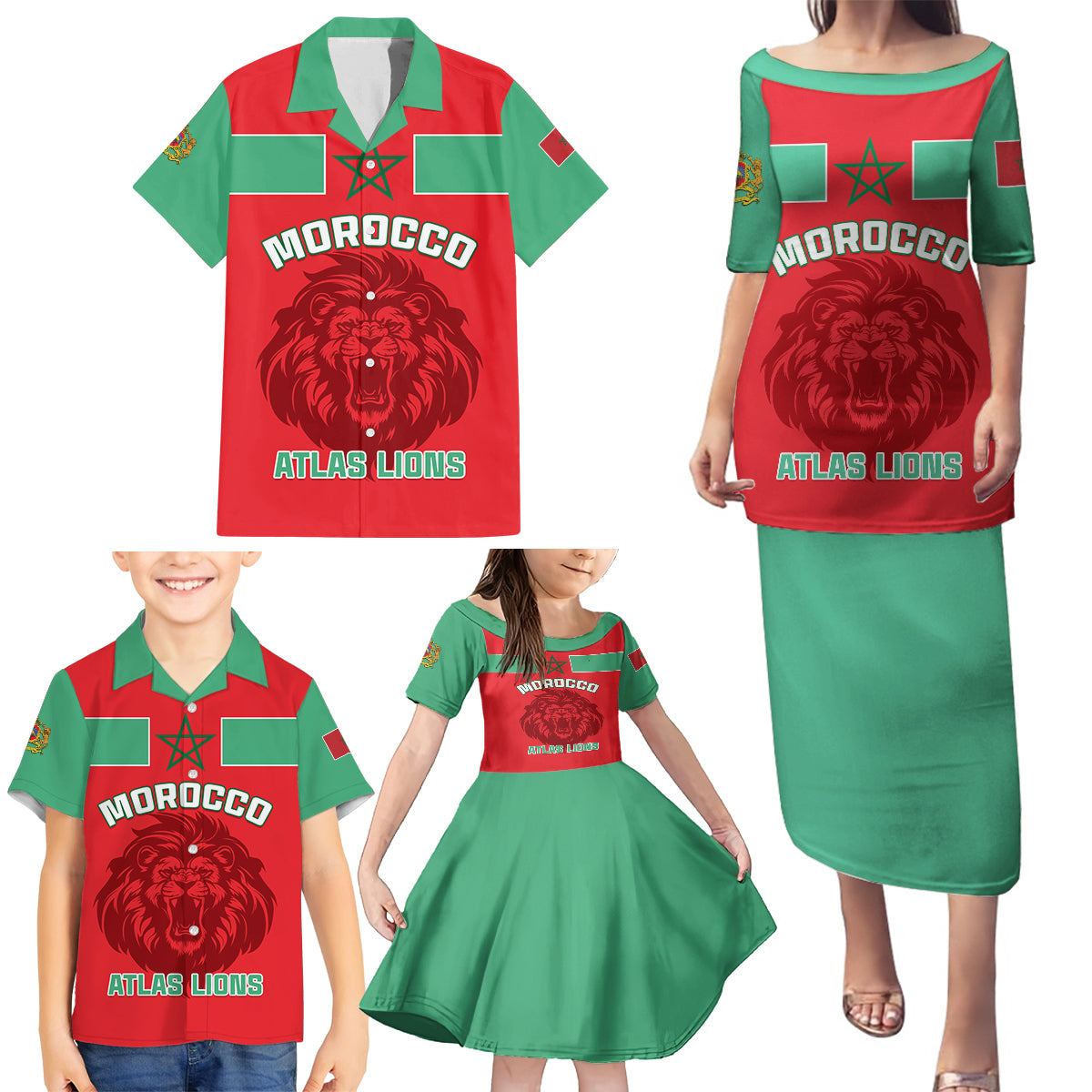 Morocco Football Family Matching Puletasi and Hawaiian Shirt Go The Atlas Lions - Wonder Print Shop