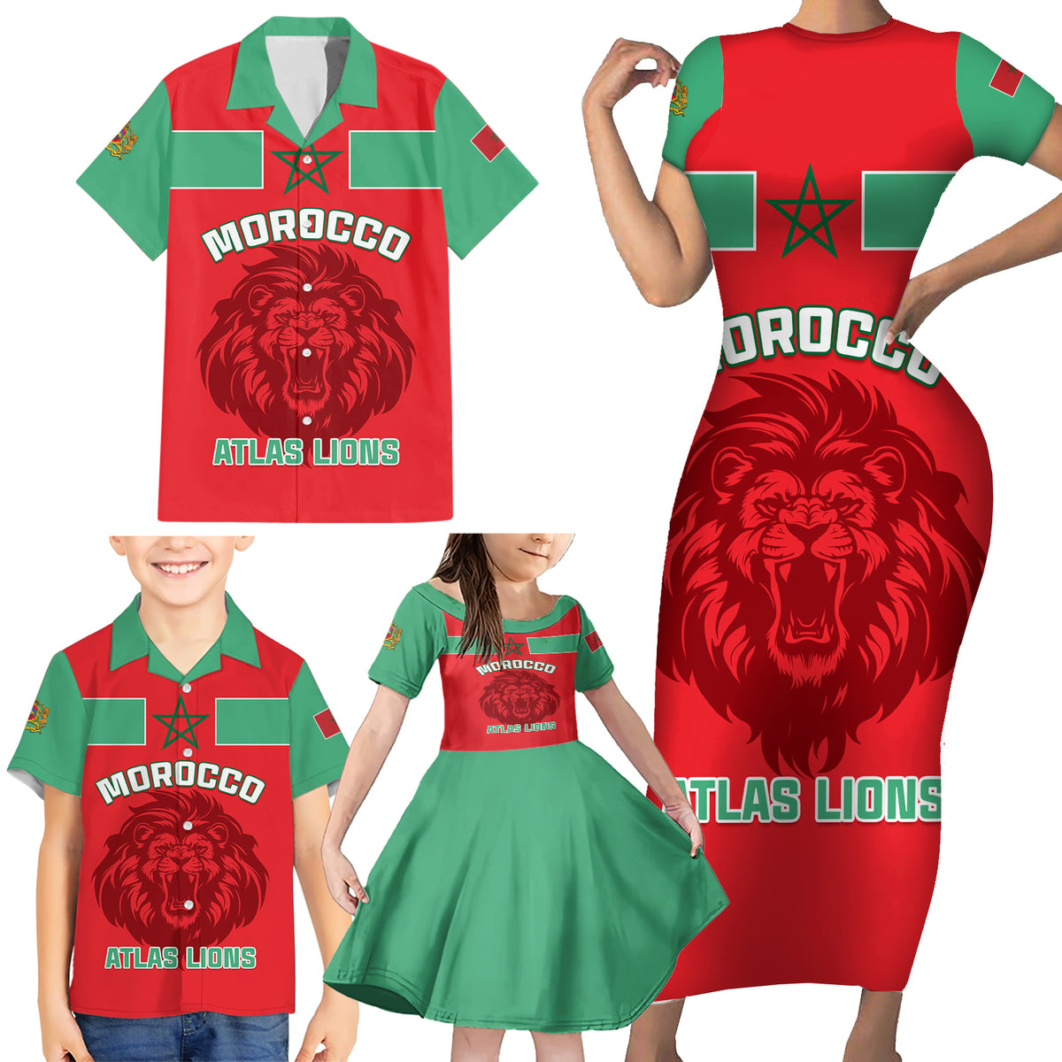 Morocco Football Family Matching Short Sleeve Bodycon Dress and Hawaiian Shirt Go The Atlas Lions - Wonder Print Shop