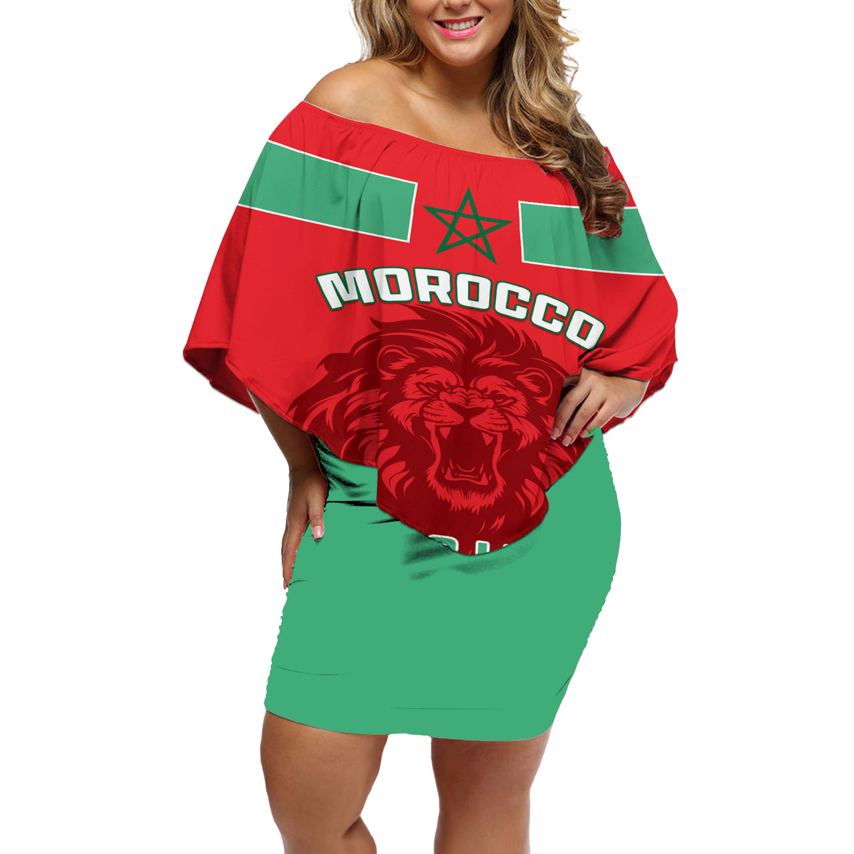Morocco Football Off Shoulder Short Dress Go The Atlas Lions - Wonder Print Shop