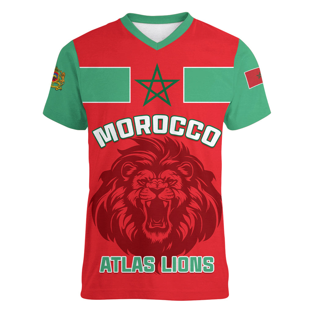 Morocco Football Women V Neck T Shirt Go The Atlas Lions - Wonder Print Shop