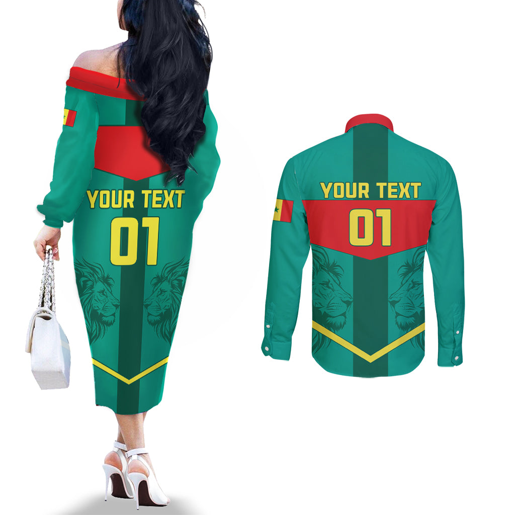 Senegal Football Couples Matching Off The Shoulder Long Sleeve Dress and Long Sleeve Button Shirt Go Lions of Teranga