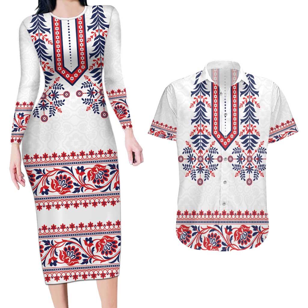 Panama Pollera Traditional Pattern Couples Matching Long Sleeve Bodycon Dress and Hawaiian Shirt
