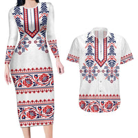 Panama Pollera Traditional Pattern Couples Matching Long Sleeve Bodycon Dress and Hawaiian Shirt