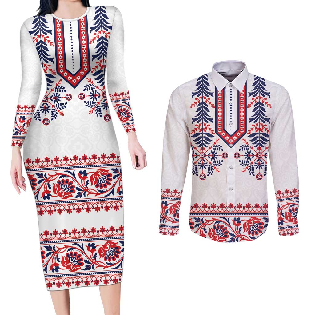 Panama Pollera Traditional Pattern Couples Matching Long Sleeve Bodycon Dress and Long Sleeve Button Shirt