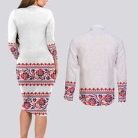 Panama Pollera Traditional Pattern Couples Matching Long Sleeve Bodycon Dress and Long Sleeve Button Shirt