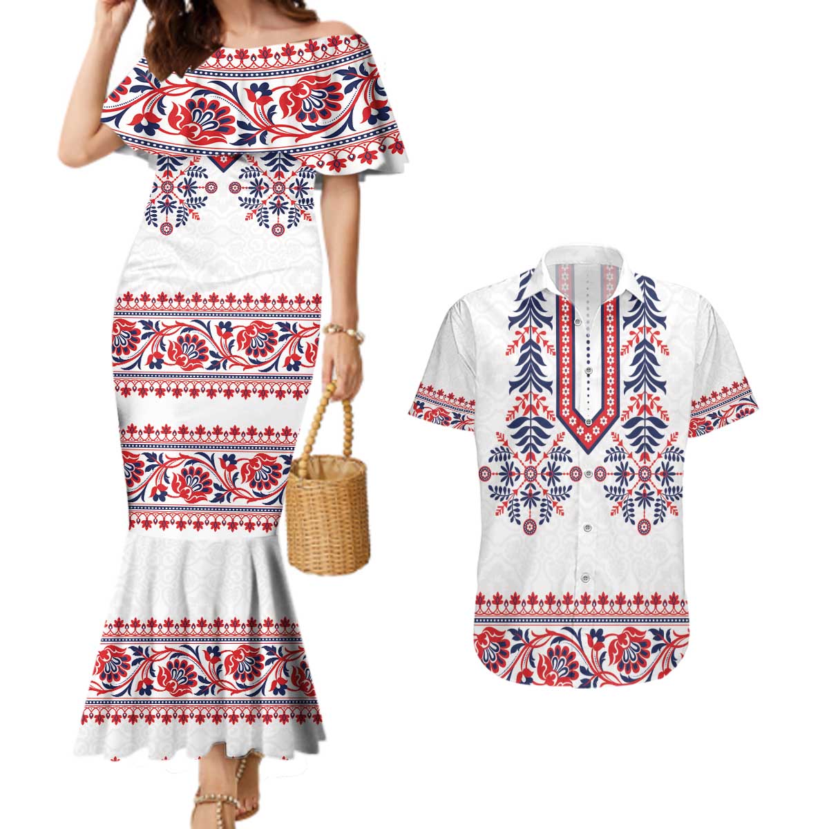 Panama Pollera Traditional Pattern Couples Matching Mermaid Dress and Hawaiian Shirt