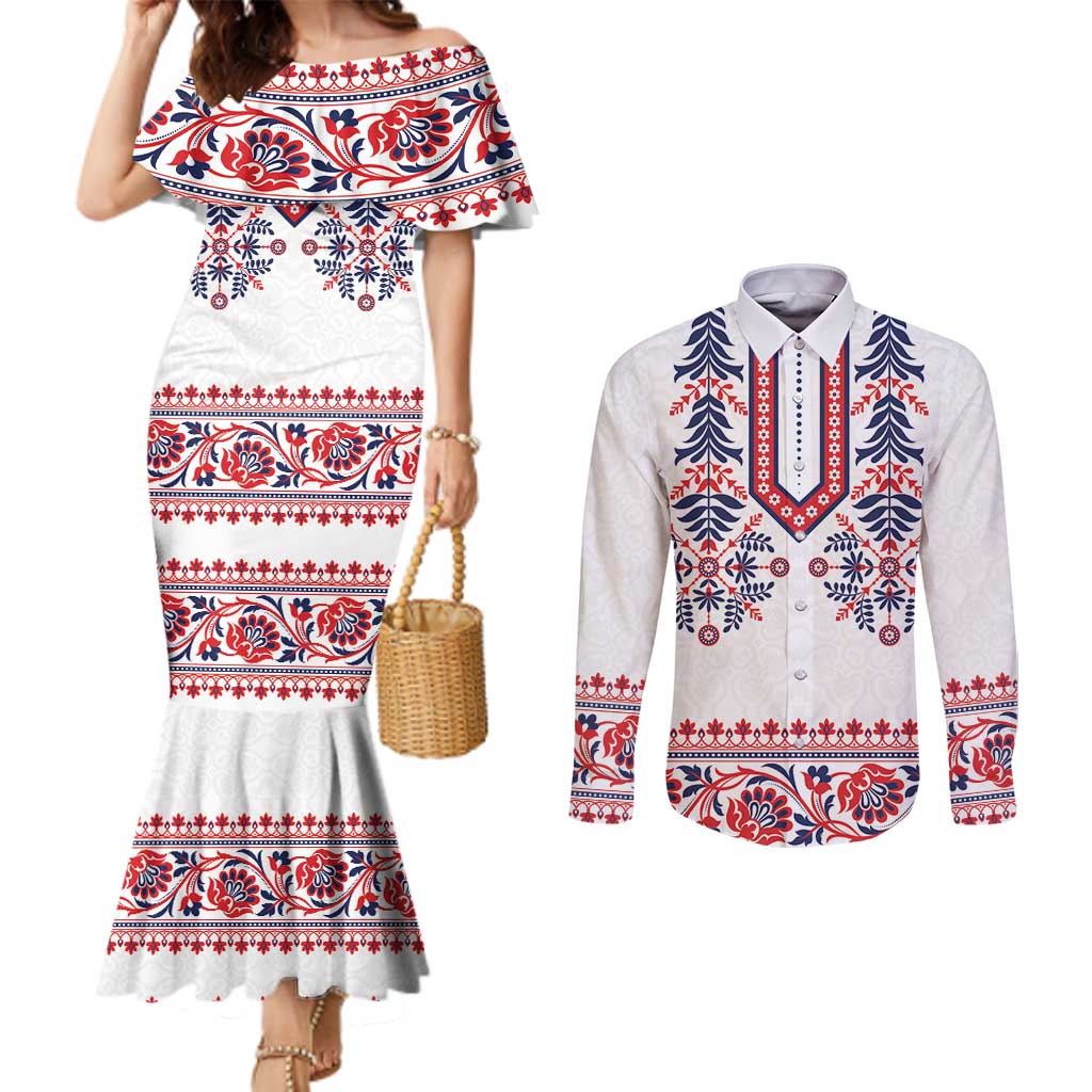 Panama Pollera Traditional Pattern Couples Matching Mermaid Dress and Long Sleeve Button Shirt