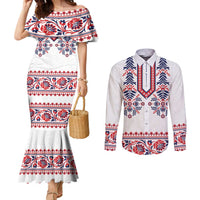 Panama Pollera Traditional Pattern Couples Matching Mermaid Dress and Long Sleeve Button Shirt