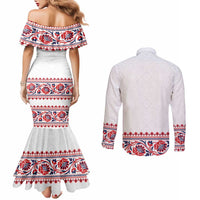 Panama Pollera Traditional Pattern Couples Matching Mermaid Dress and Long Sleeve Button Shirt