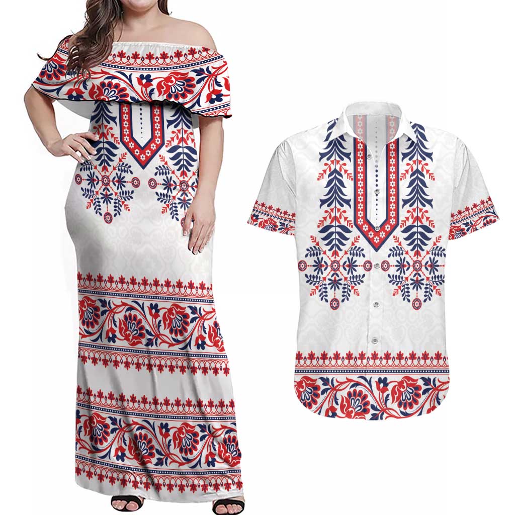 Panama Pollera Traditional Pattern Couples Matching Off Shoulder Maxi Dress and Hawaiian Shirt