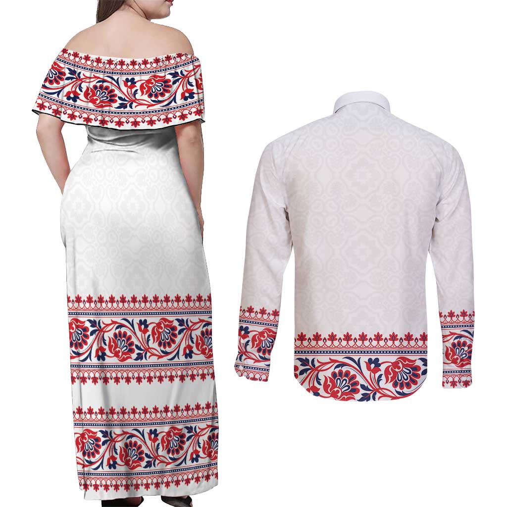Panama Pollera Traditional Pattern Couples Matching Off Shoulder Maxi Dress and Long Sleeve Button Shirt
