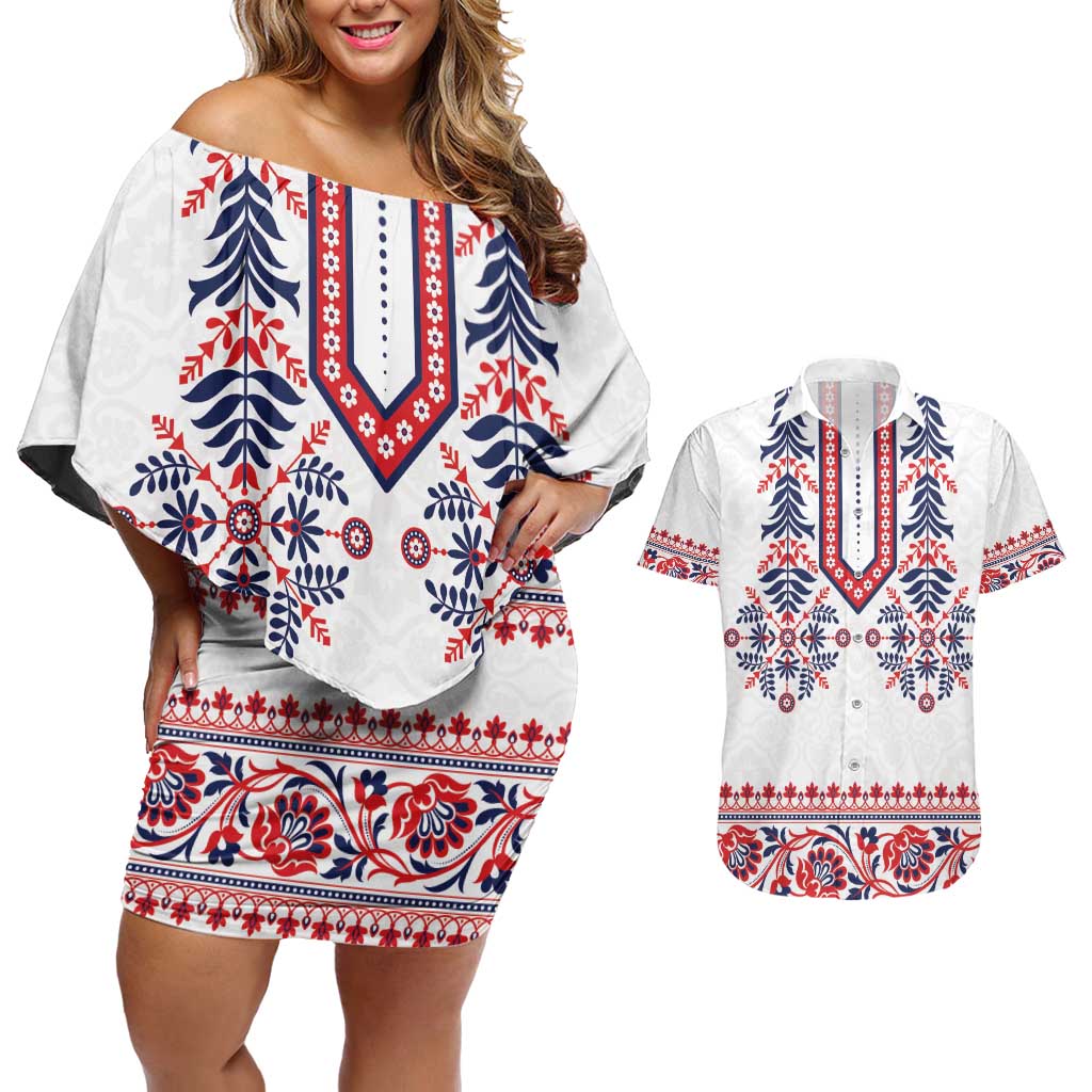 Panama Pollera Traditional Pattern Couples Matching Off Shoulder Short Dress and Hawaiian Shirt