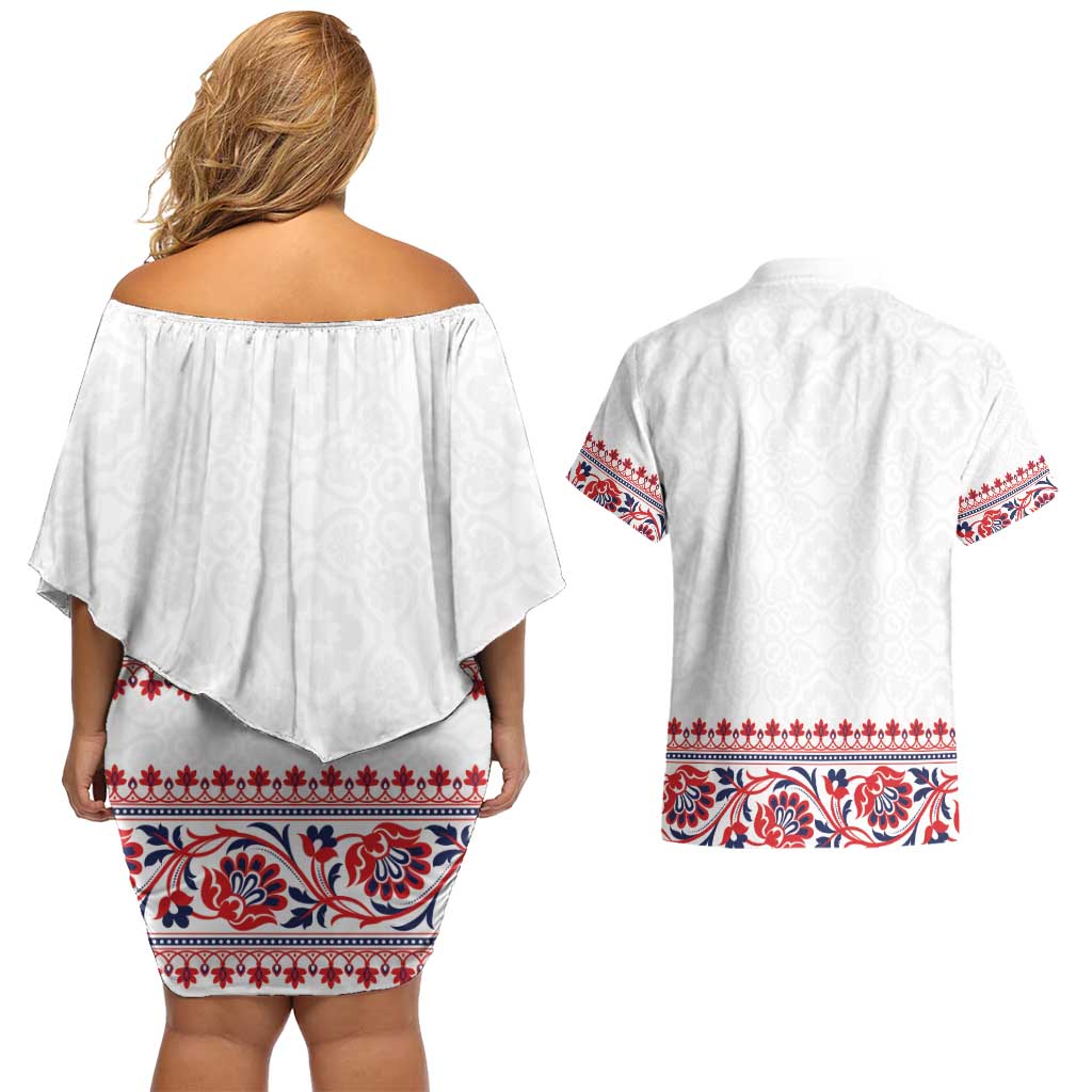 Panama Pollera Traditional Pattern Couples Matching Off Shoulder Short Dress and Hawaiian Shirt