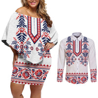 Panama Pollera Traditional Pattern Couples Matching Off Shoulder Short Dress and Long Sleeve Button Shirt