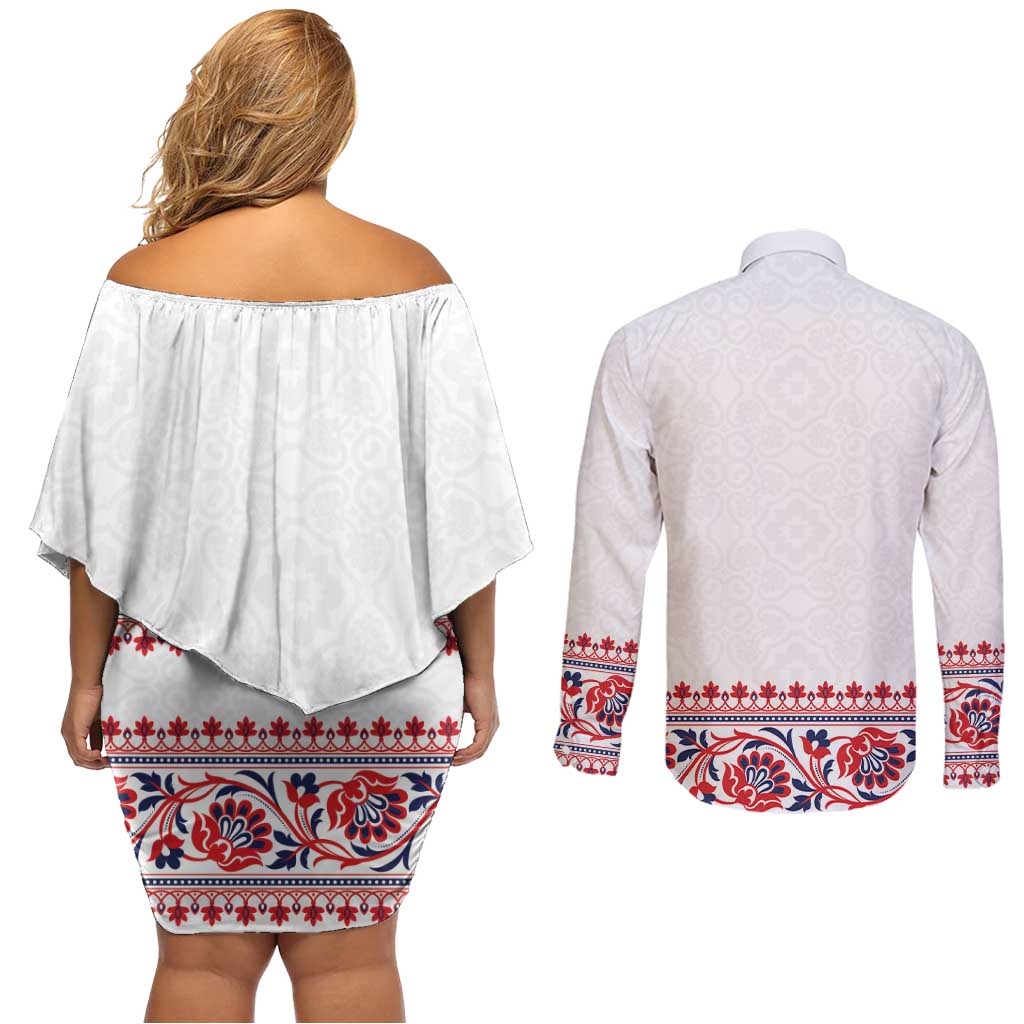 Panama Pollera Traditional Pattern Couples Matching Off Shoulder Short Dress and Long Sleeve Button Shirt