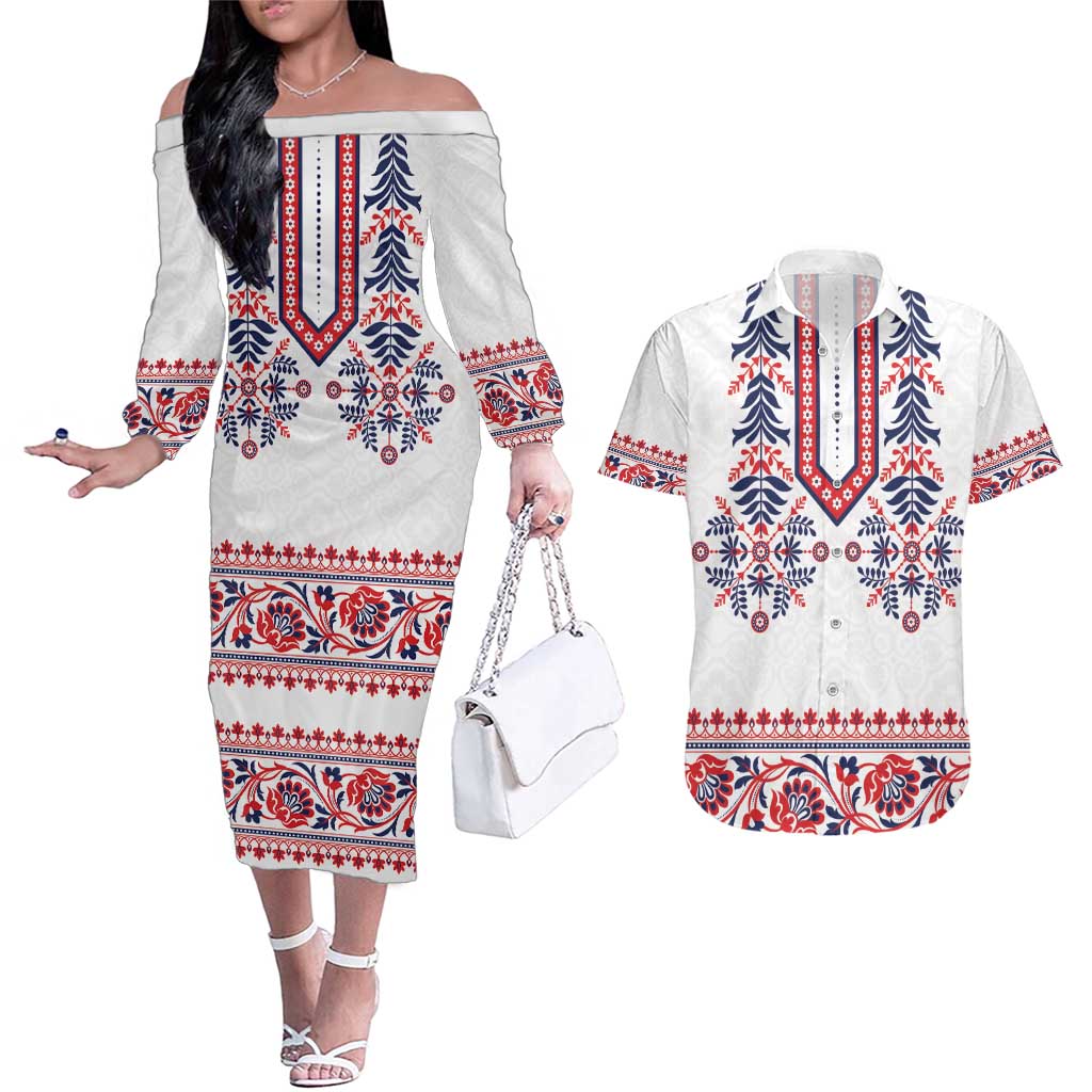 Panama Pollera Traditional Pattern Couples Matching Off The Shoulder Long Sleeve Dress and Hawaiian Shirt