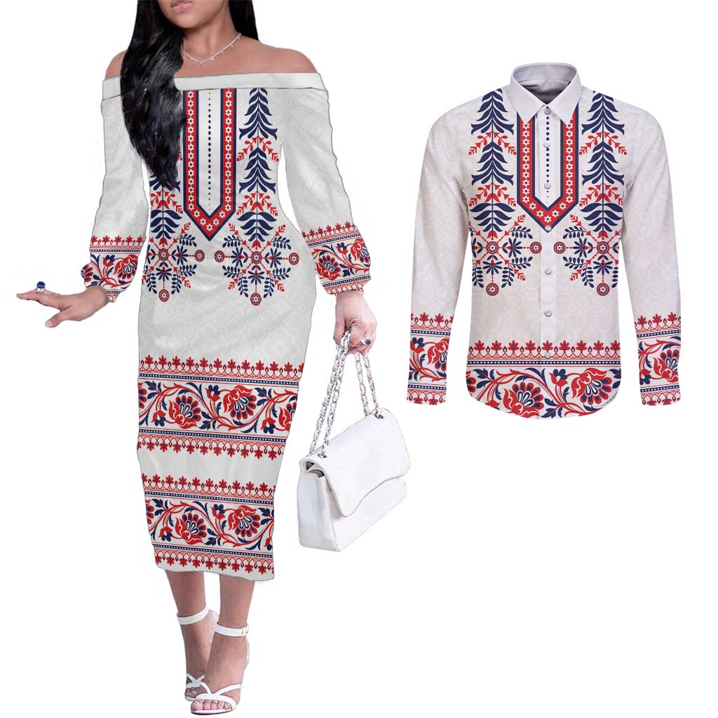 Panama Pollera Traditional Pattern Couples Matching Off The Shoulder Long Sleeve Dress and Long Sleeve Button Shirt