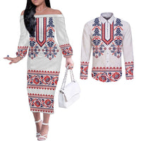Panama Pollera Traditional Pattern Couples Matching Off The Shoulder Long Sleeve Dress and Long Sleeve Button Shirt