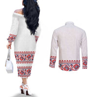 Panama Pollera Traditional Pattern Couples Matching Off The Shoulder Long Sleeve Dress and Long Sleeve Button Shirt