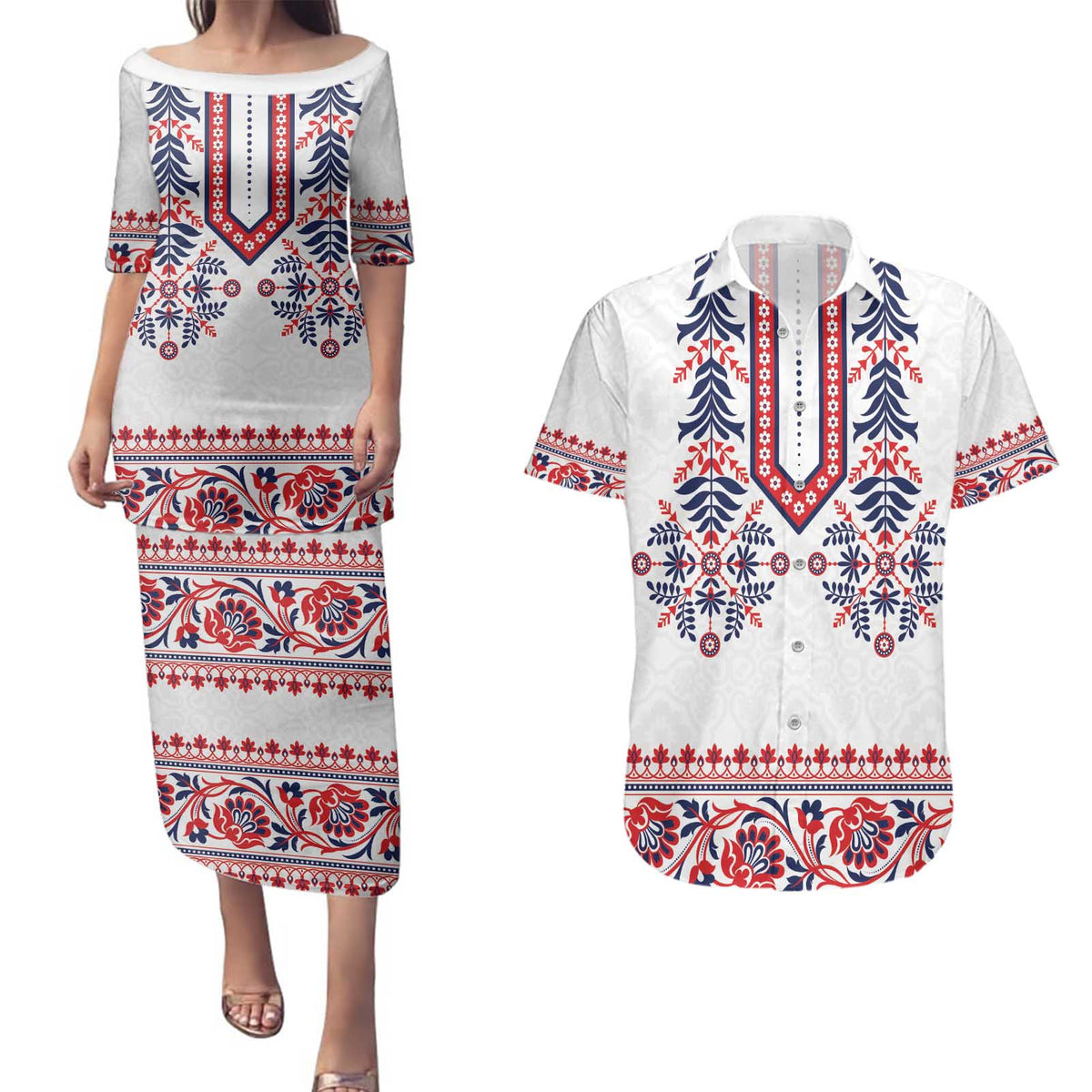 Panama Pollera Traditional Pattern Couples Matching Puletasi and Hawaiian Shirt