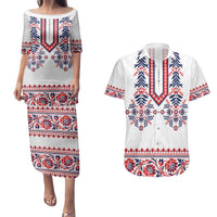 Panama Pollera Traditional Pattern Couples Matching Puletasi and Hawaiian Shirt