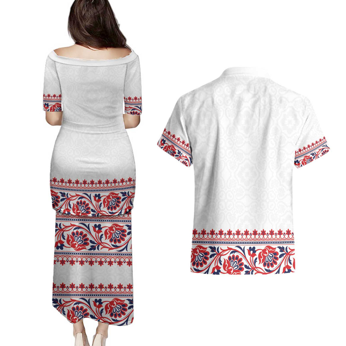 Panama Pollera Traditional Pattern Couples Matching Puletasi and Hawaiian Shirt