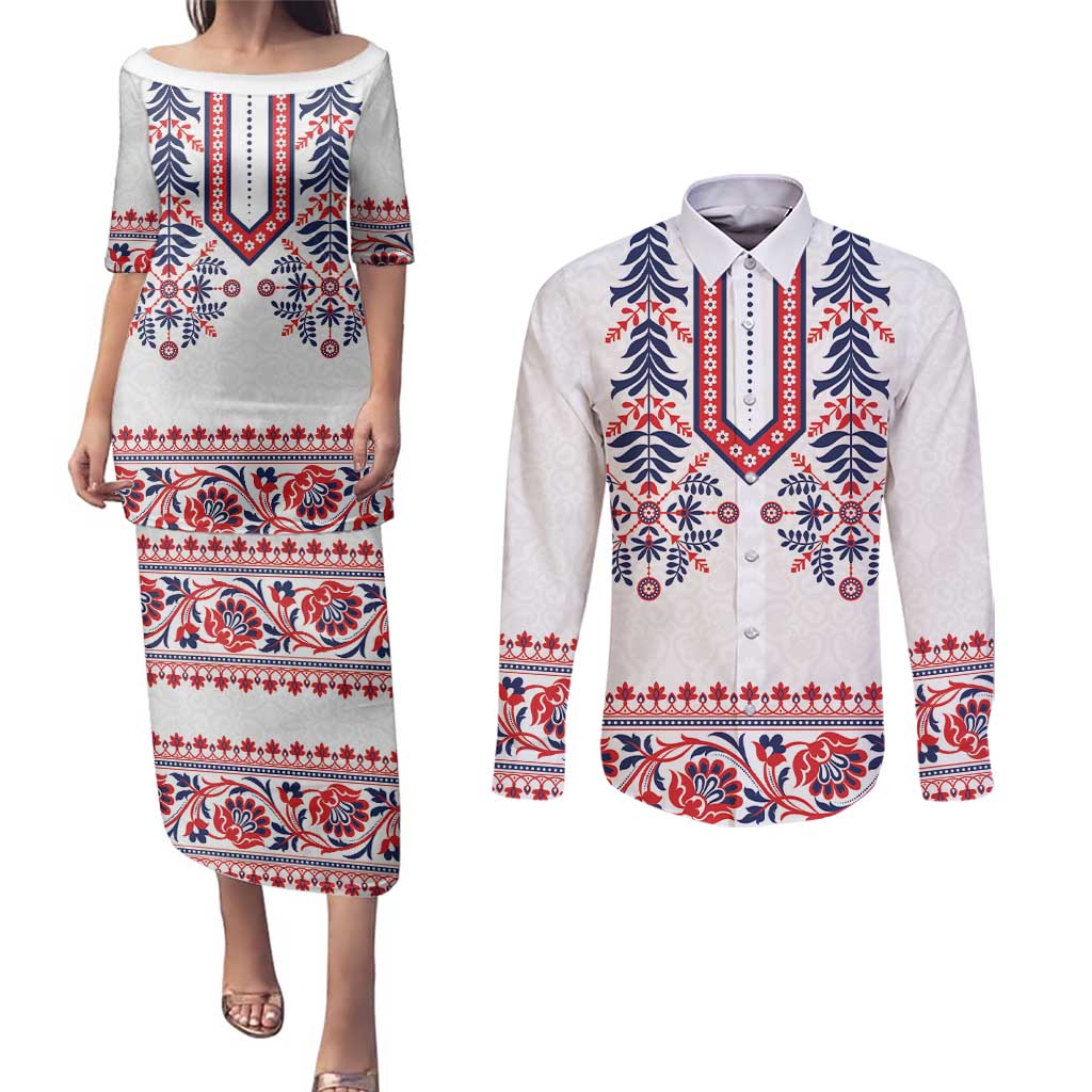 Panama Pollera Traditional Pattern Couples Matching Puletasi and Long Sleeve Button Shirt