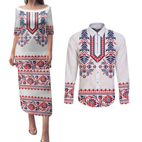 Panama Pollera Traditional Pattern Couples Matching Puletasi and Long Sleeve Button Shirt
