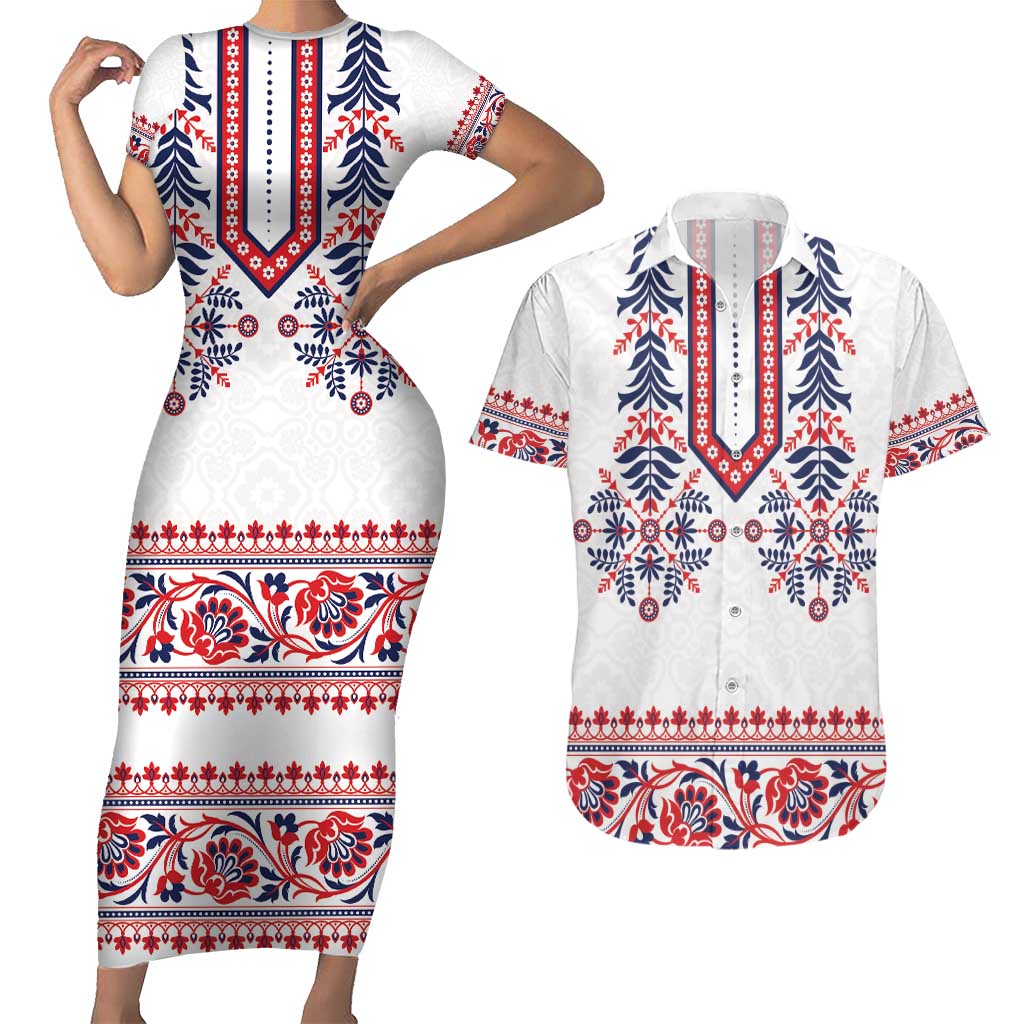 Panama Pollera Traditional Pattern Couples Matching Short Sleeve Bodycon Dress and Hawaiian Shirt
