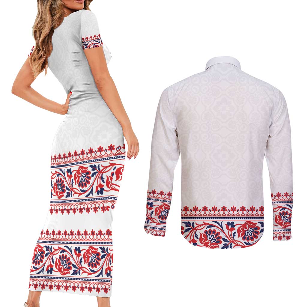 Panama Pollera Traditional Pattern Couples Matching Short Sleeve Bodycon Dress and Long Sleeve Button Shirt