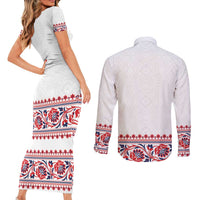 Panama Pollera Traditional Pattern Couples Matching Short Sleeve Bodycon Dress and Long Sleeve Button Shirt