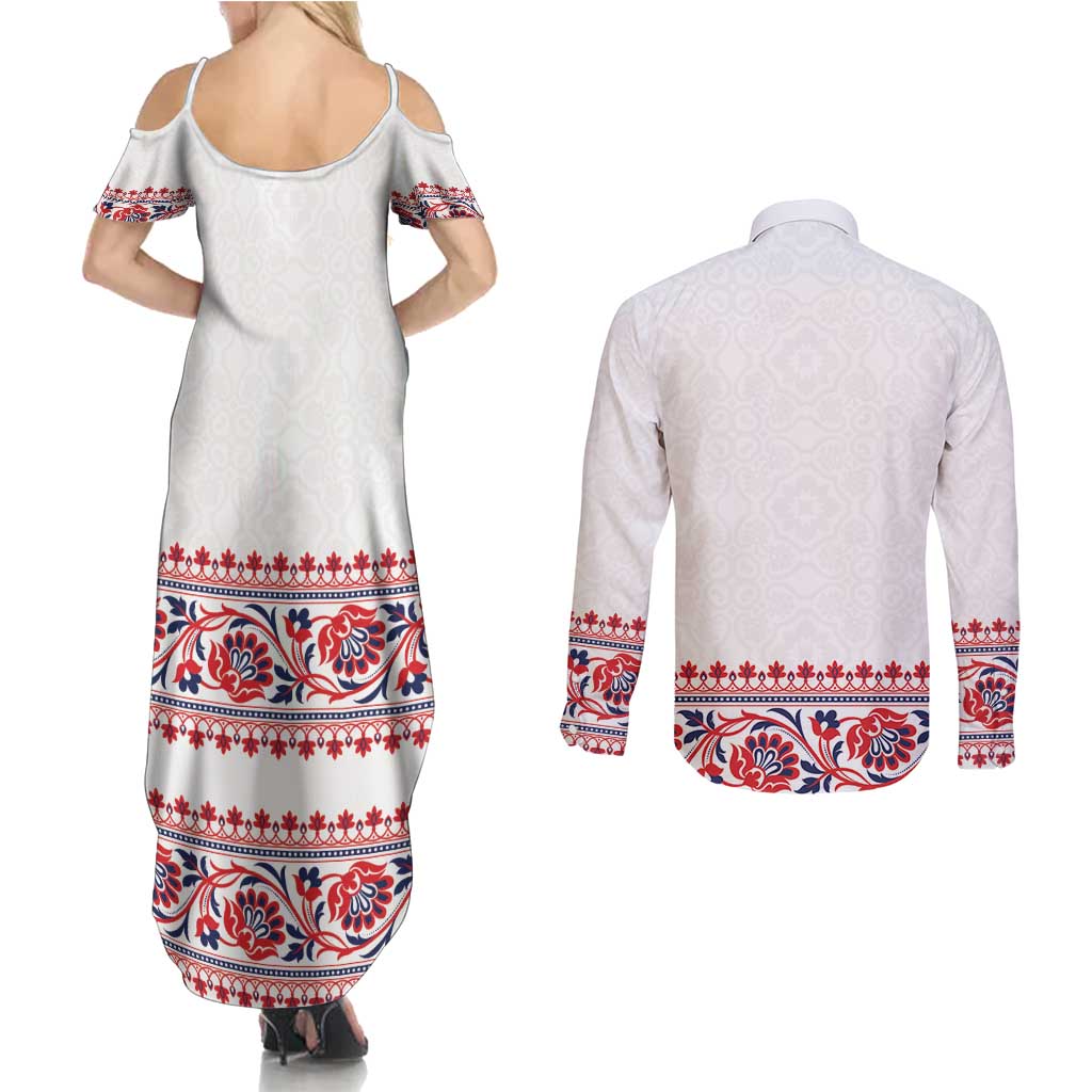Panama Pollera Traditional Pattern Couples Matching Summer Maxi Dress and Long Sleeve Button Shirt