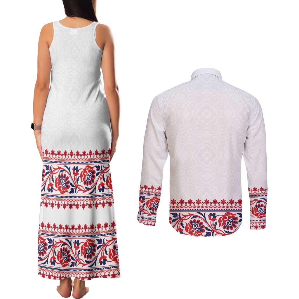 Panama Pollera Traditional Pattern Couples Matching Tank Maxi Dress and Long Sleeve Button Shirt
