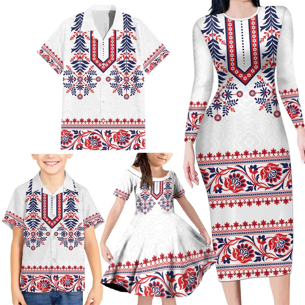 Panama Pollera Traditional Pattern Family Matching Long Sleeve Bodycon Dress and Hawaiian Shirt