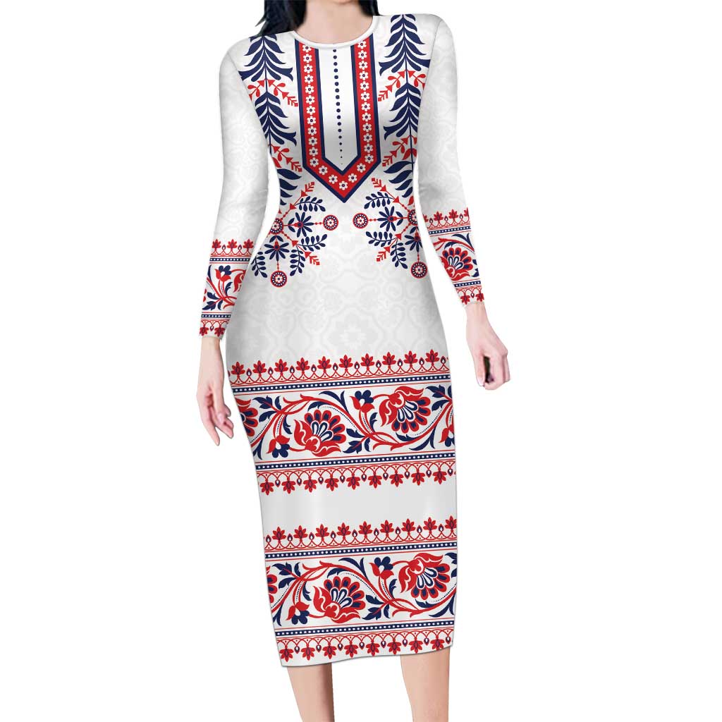Panama Pollera Traditional Pattern Family Matching Long Sleeve Bodycon Dress and Hawaiian Shirt