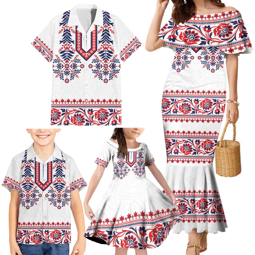 Panama Pollera Traditional Pattern Family Matching Mermaid Dress and Hawaiian Shirt