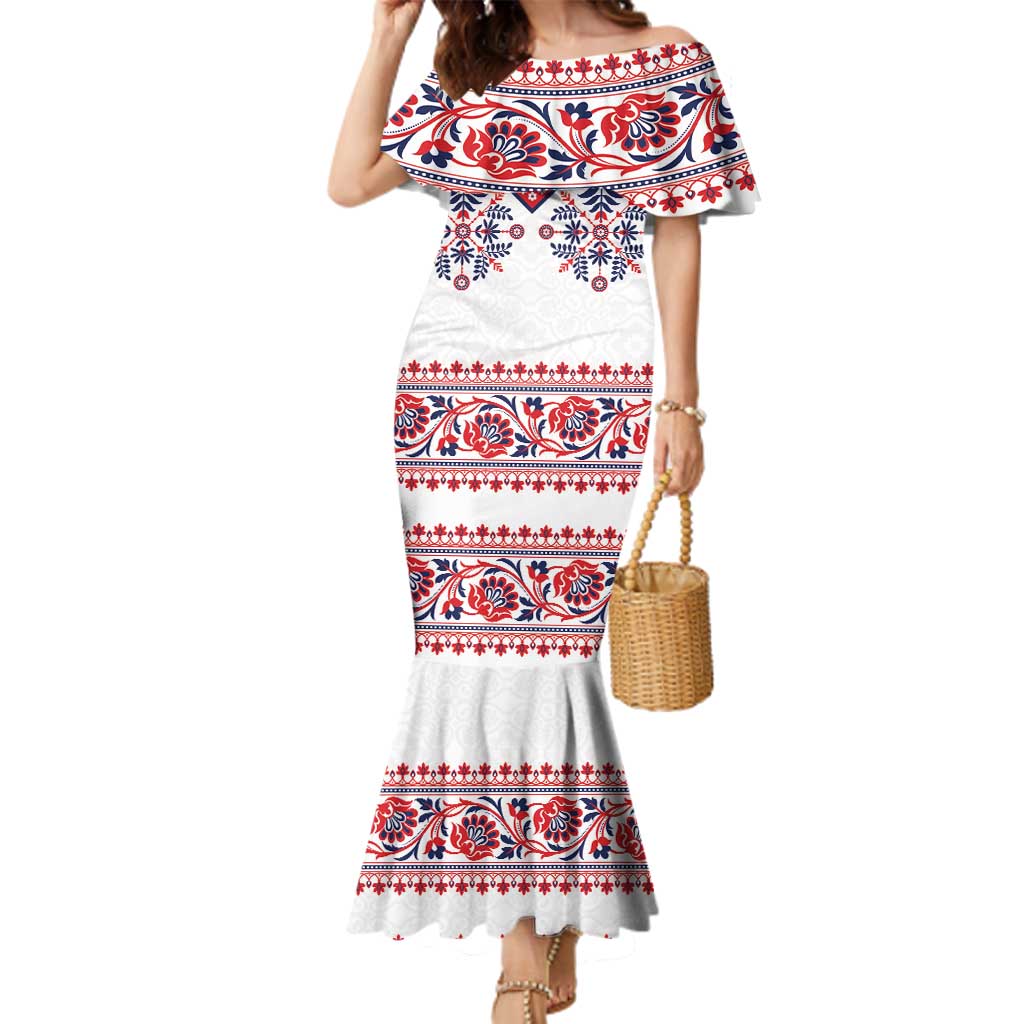 Panama Pollera Traditional Pattern Family Matching Mermaid Dress and Hawaiian Shirt