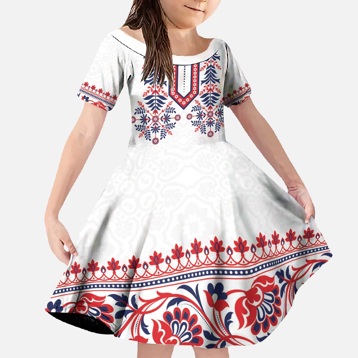 Panama Pollera Traditional Pattern Family Matching Off The Shoulder Long Sleeve Dress and Hawaiian Shirt