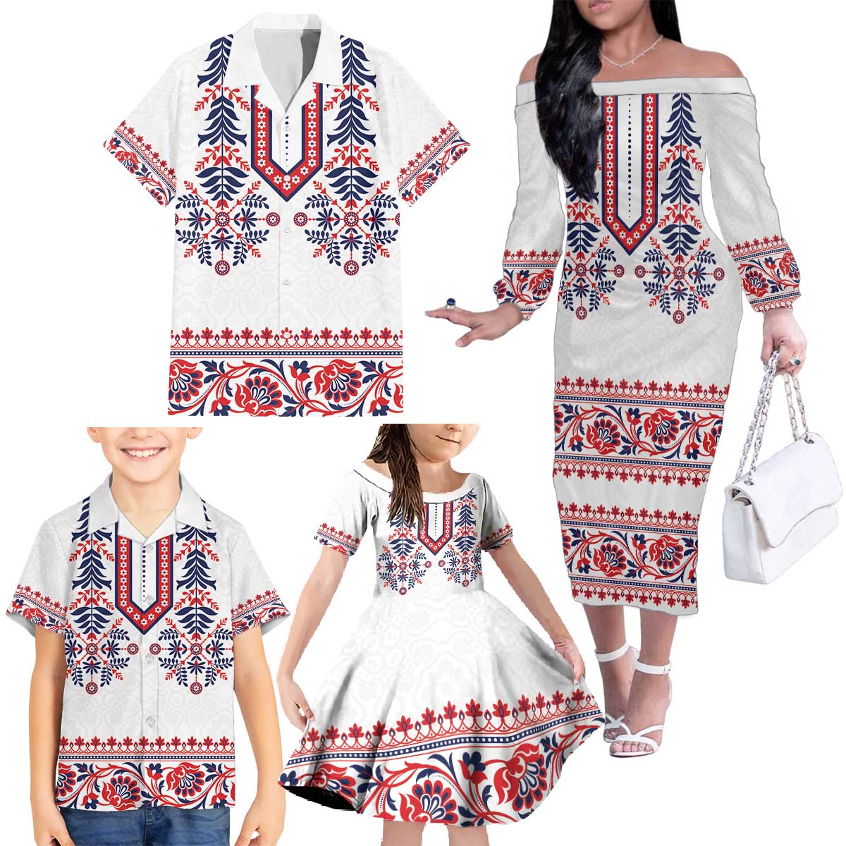 Panama Pollera Traditional Pattern Family Matching Off The Shoulder Long Sleeve Dress and Hawaiian Shirt