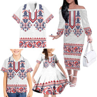 Panama Pollera Traditional Pattern Family Matching Off The Shoulder Long Sleeve Dress and Hawaiian Shirt