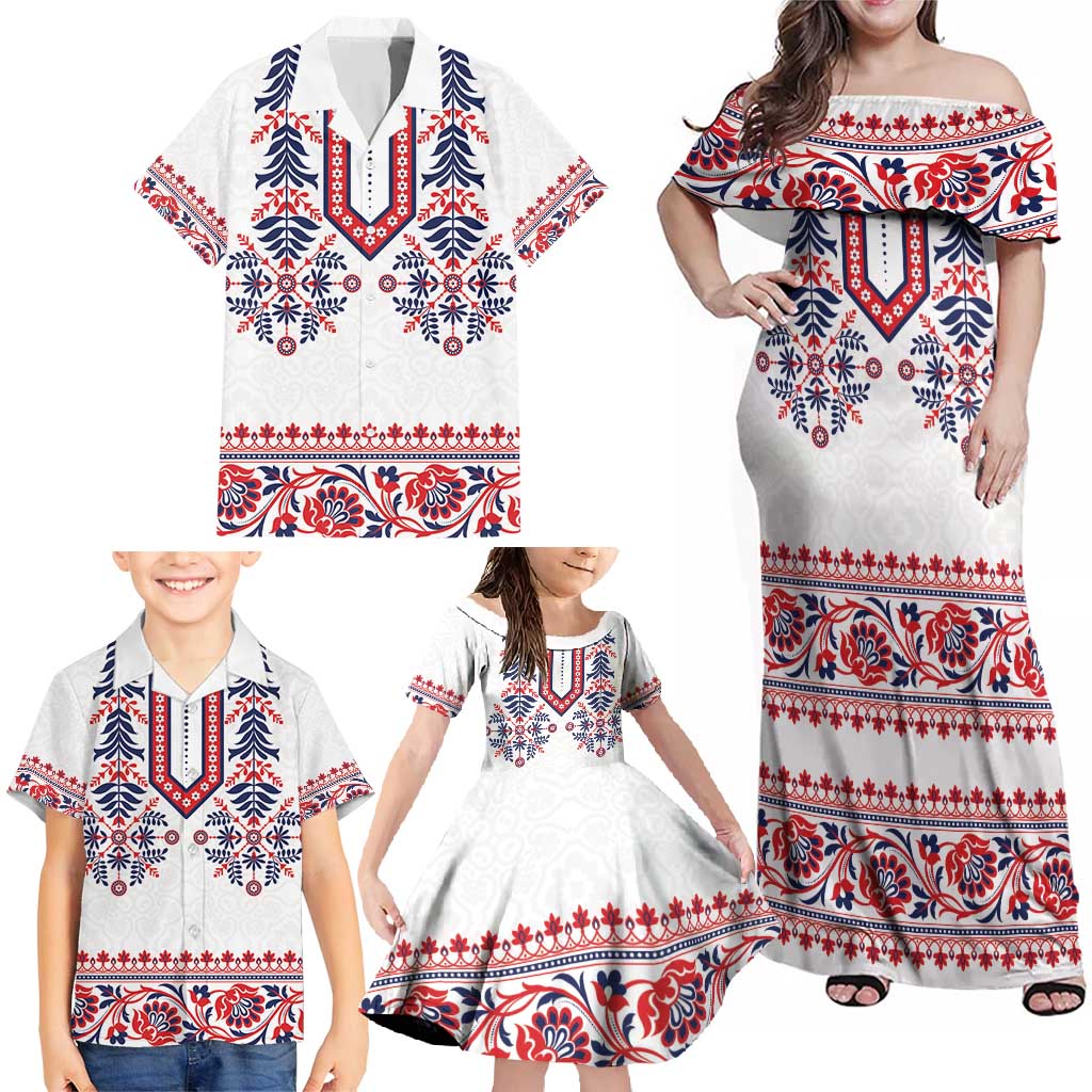 Panama Pollera Traditional Pattern Family Matching Off Shoulder Maxi Dress and Hawaiian Shirt