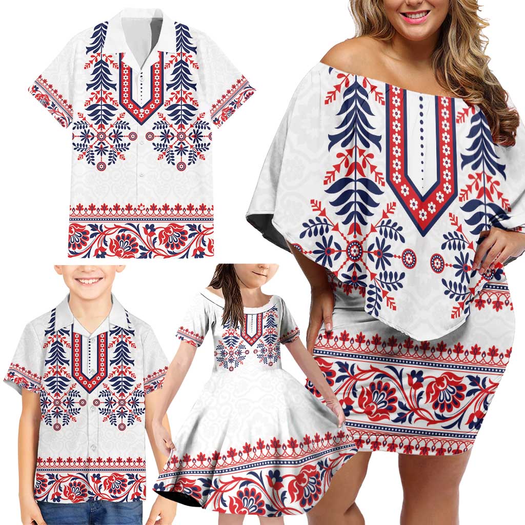 Panama Pollera Traditional Pattern Family Matching Off Shoulder Short Dress and Hawaiian Shirt