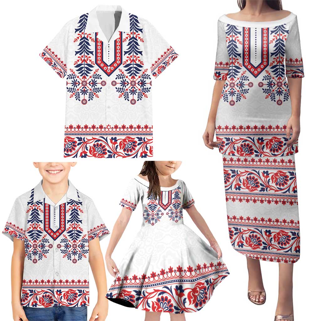 Panama Pollera Traditional Pattern Family Matching Puletasi and Hawaiian Shirt