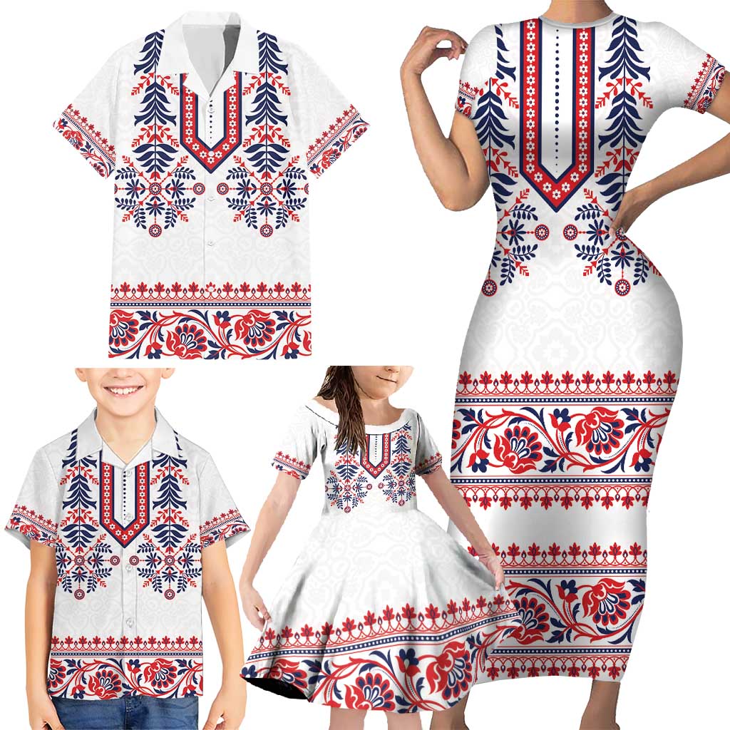 Panama Pollera Traditional Pattern Family Matching Short Sleeve Bodycon Dress and Hawaiian Shirt
