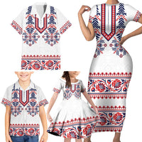 Panama Pollera Traditional Pattern Family Matching Short Sleeve Bodycon Dress and Hawaiian Shirt