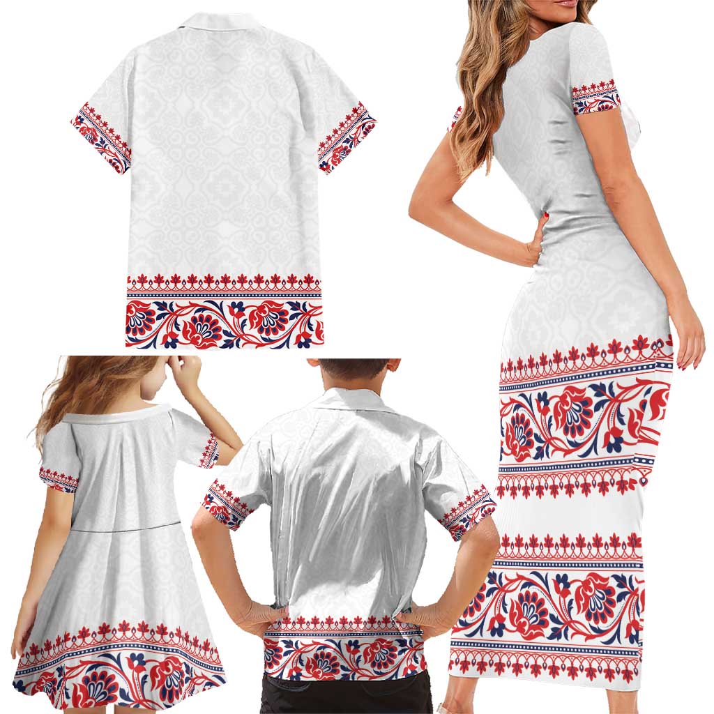 Panama Pollera Traditional Pattern Family Matching Short Sleeve Bodycon Dress and Hawaiian Shirt