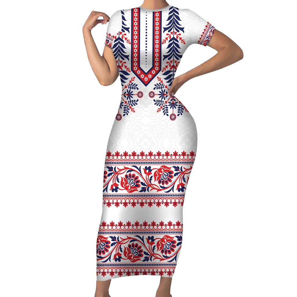 Panama Pollera Traditional Pattern Family Matching Short Sleeve Bodycon Dress and Hawaiian Shirt